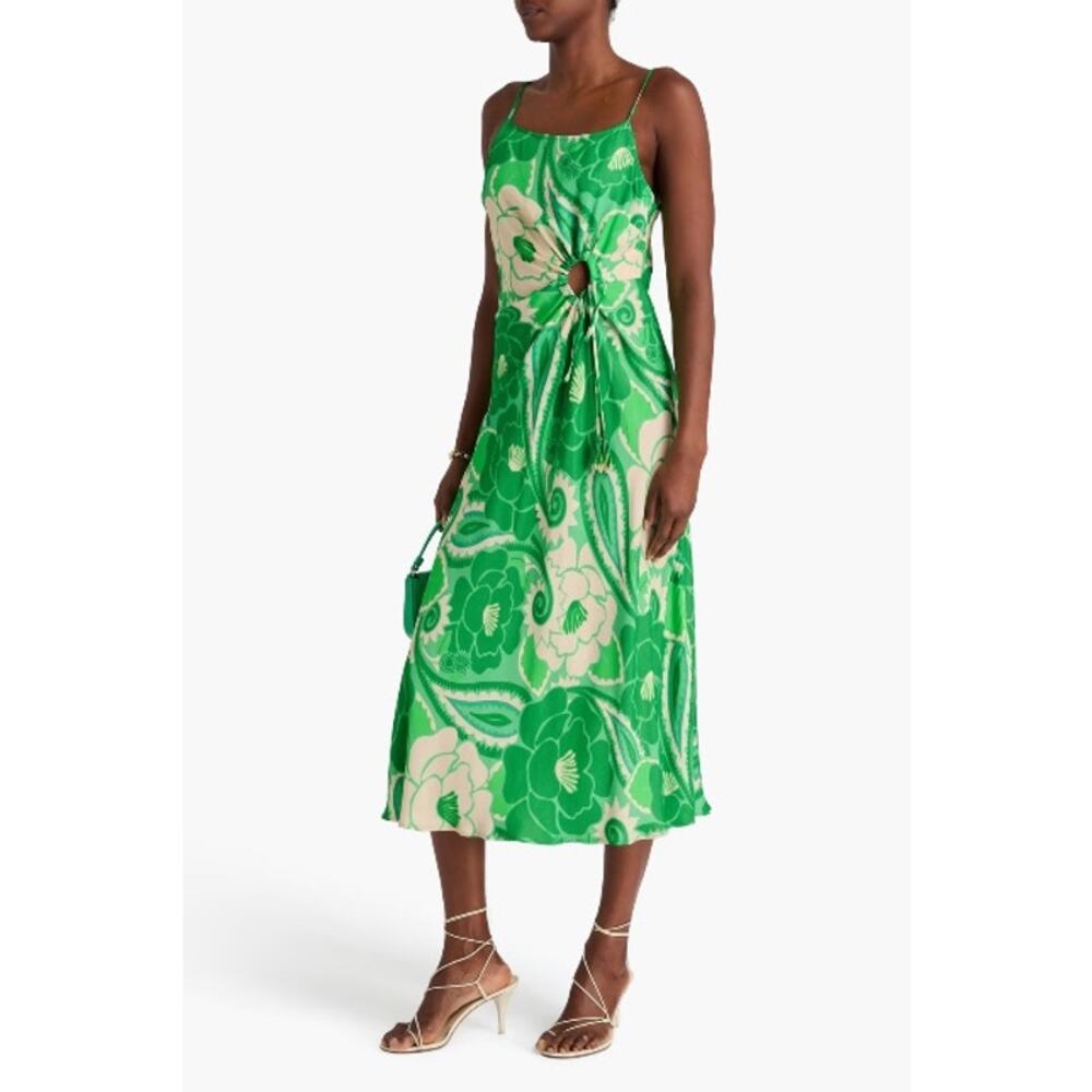 Farm Rio Tropical Cutout Satin Midi Slip Dress Green Size XS Resortwear